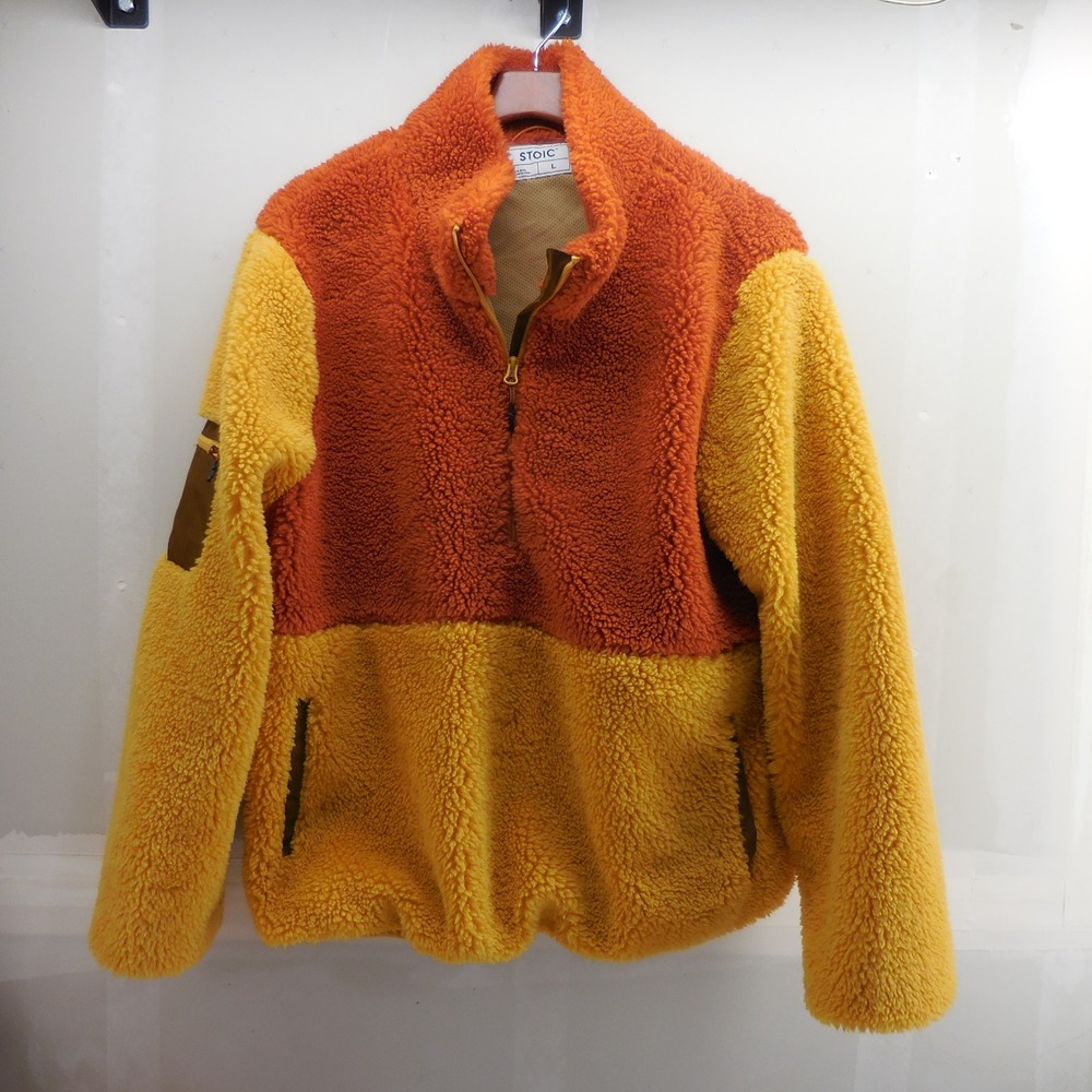 Stoic Mens Large Sherpa Fleece Quarter Zip Pullover Orange Yellow Colorblock